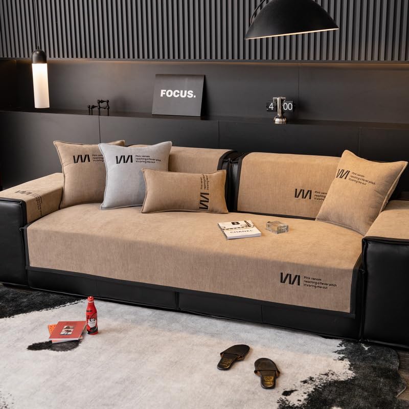 BBAUER Chenille Sofa Cover — Embroidered Letters L-Shaped Couch Slipcover 3/2/1 Set Furniture Protector 90×180cm