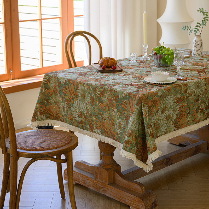 American Cotton Linen Tablecloth — Rustic Farmhouse Jacquard Table Cover for Dining Room 130×180cm