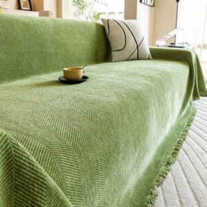 Herringbone Chenille Sofa Cover – Fringe Trim, All-Season, Anti-Slip, Premium Quality