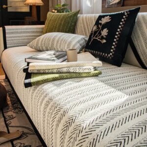 French Striped Jacquard Chenille Sofa Cushion Four Seasonal Universal Middle Ancient Style Anti-Slip Dustproof Machine Washable
