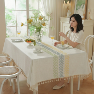 Nordic Water-Resistant Tassel Tablecloth Embroidered Leaf Pattern Decorative Home Table Cover