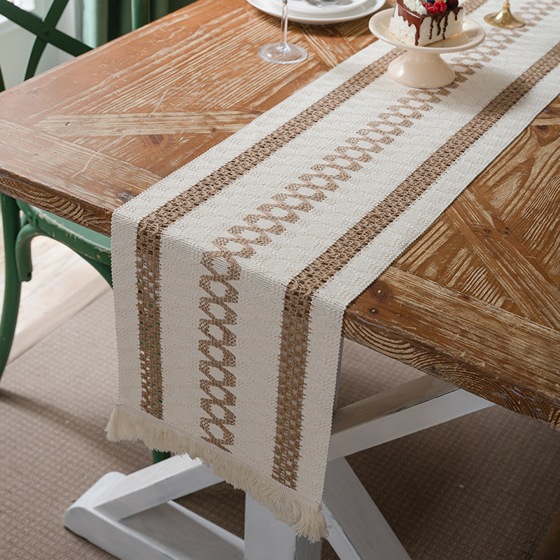 Boho Moroccan Farmhouse Rustic Handmade Woven Tassels Cotton Linen Bohemian Vintage Solid Pattern Machine Table Runner