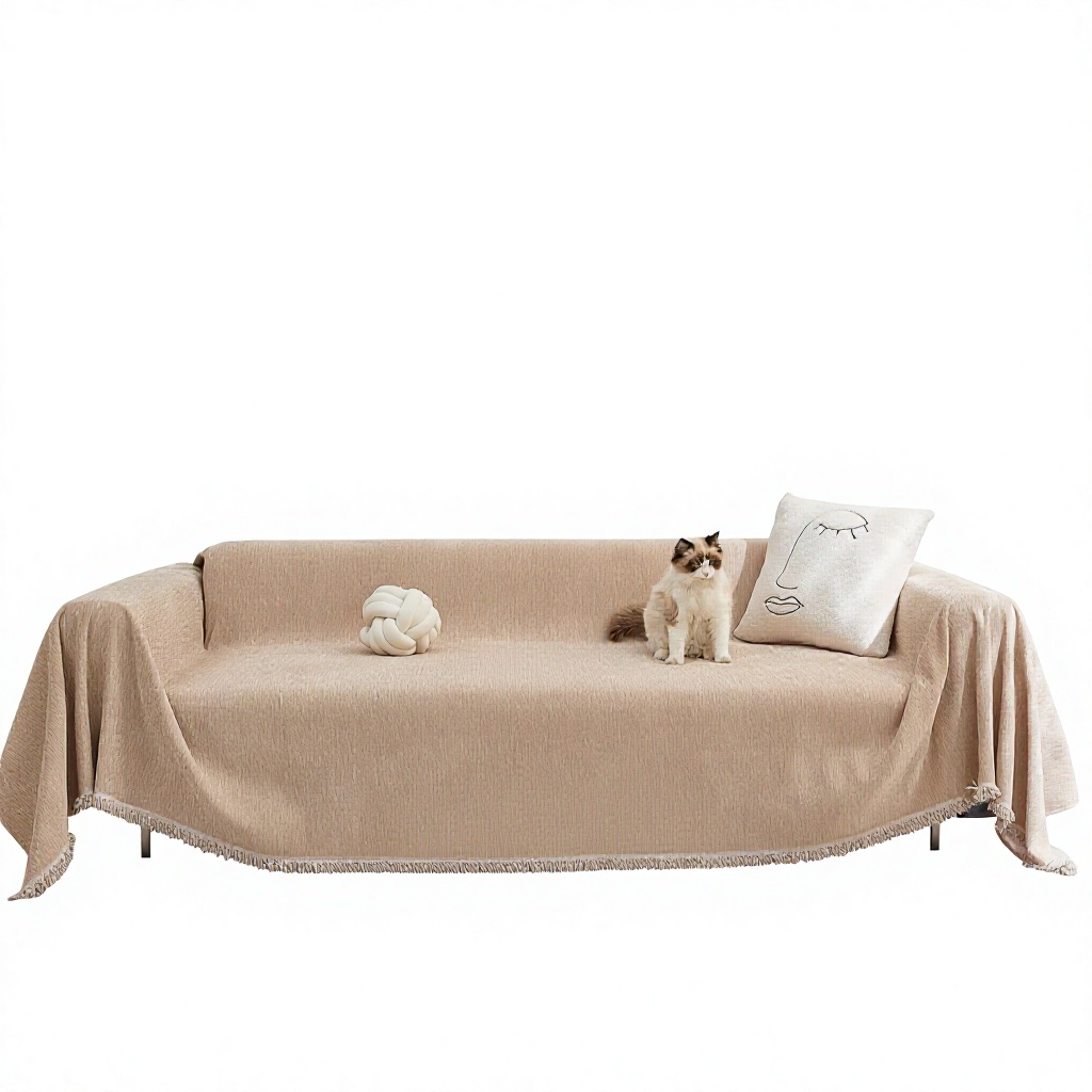 Polyester Jacquard Sectional L-Shaped Oversized Sofa Slipcover with Tassel 71″x150″ Khaki