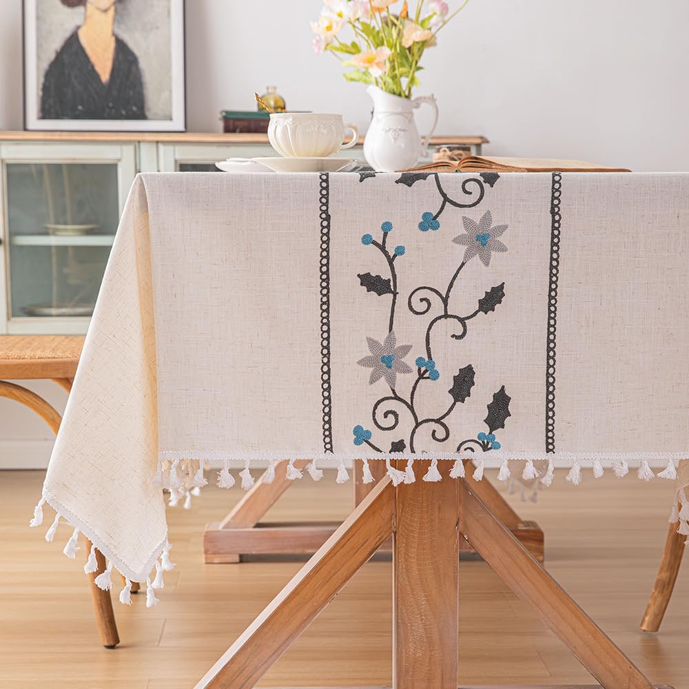 Wholesale Blue Floral Embroidered Tassel Tablecloth