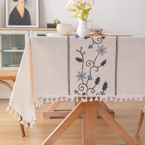 Front view of blue flower embroidered tablecloth