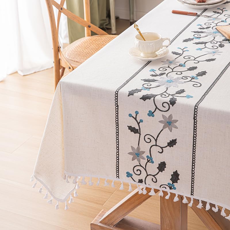 Angled table view showing the embroidered center panel