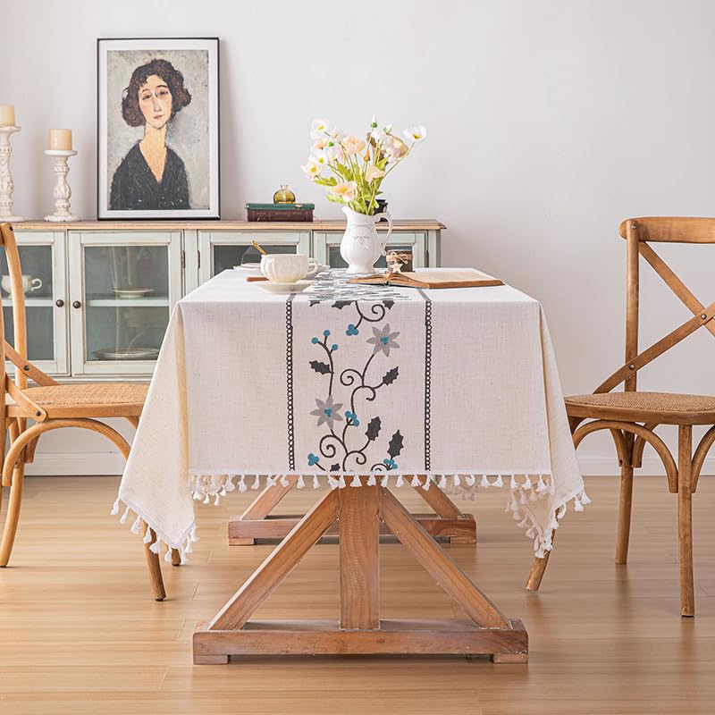 Wide dining-room scene with blue floral tablecloth