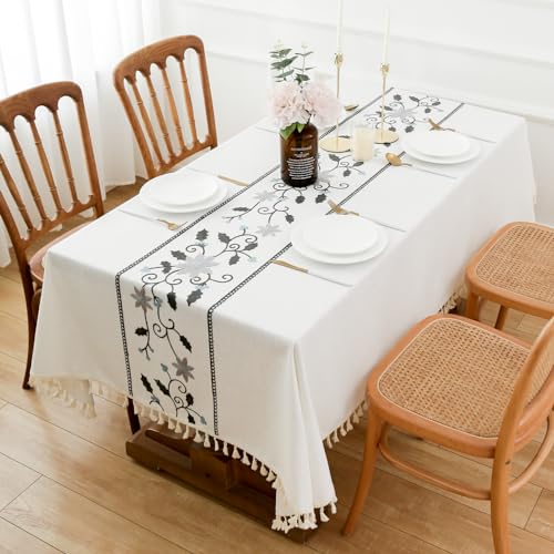 Top dining-table view of blue flower embroidery
