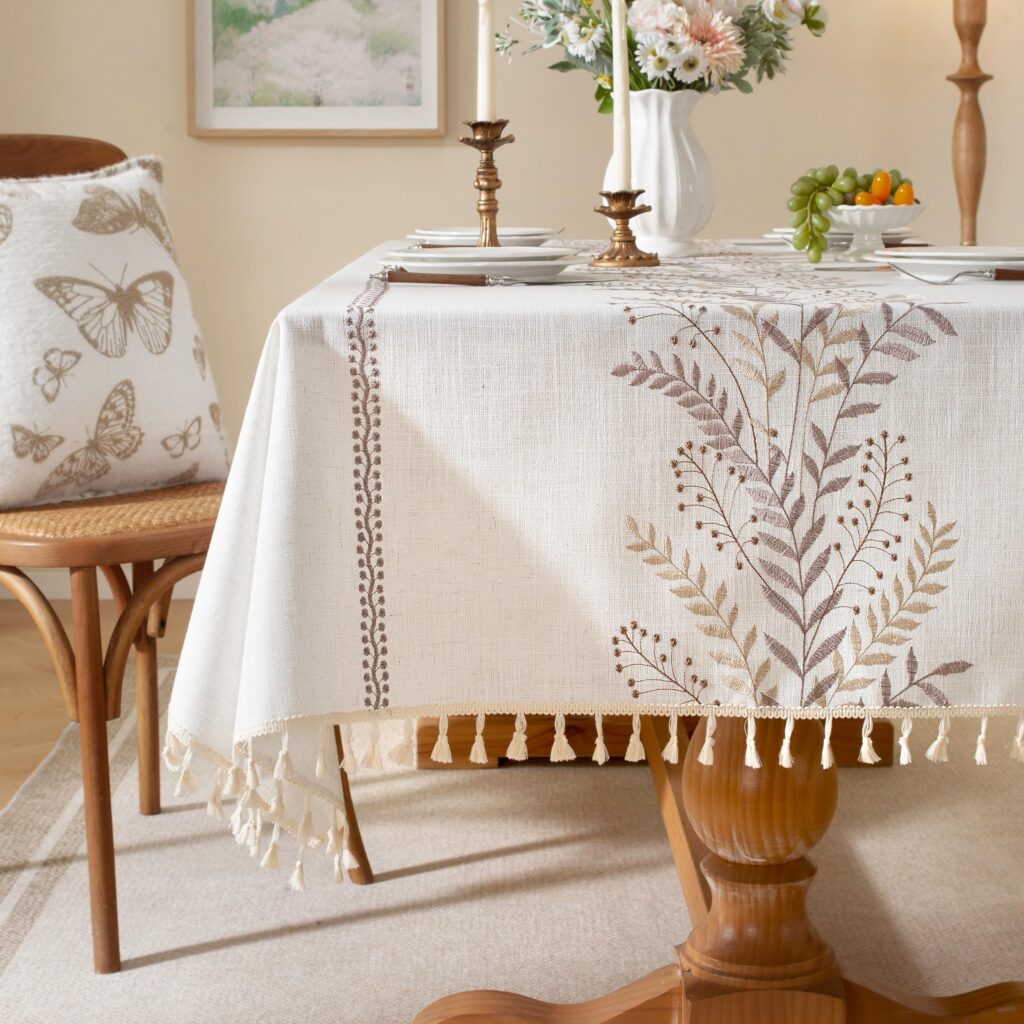Wholesale Coffee Fern Embroidered Linen-Blend Tablecloth