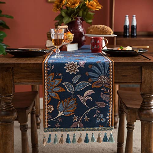 Front dining-table view of navy botanical runner
