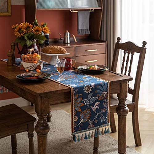 Angled dining-room scene with navy floral table runner