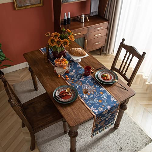 Top view of navy botanical printed table runner